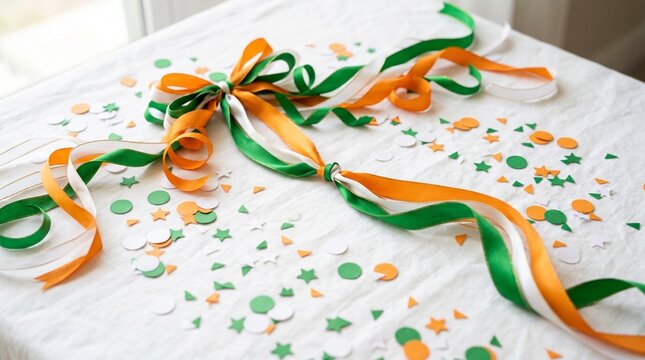 Close-up of Irish themed party decorations with green, orange, and