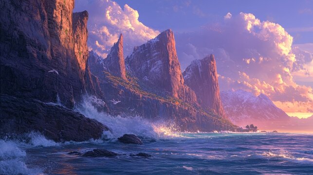 Ocean waves crash against rugged cliffs and sea stacks under a colorful sunset sky with clouds