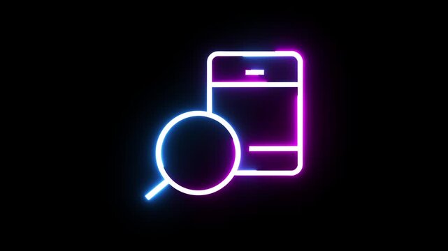 Neon smartphone search icon glowing with blue and pink light on a dark background.