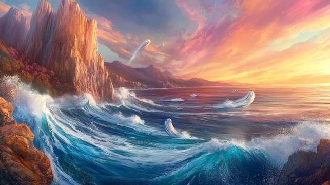 Ocean waves crash against rugged cliffs during a vibrant sunset with colorful clouds overhead