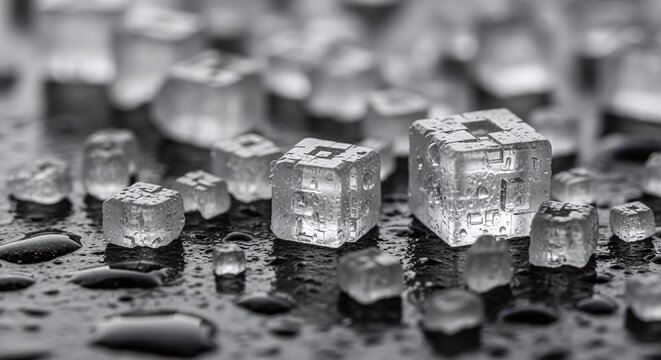 Close-up of sparkling sugar crystals with water droplets on a dark surface, macro detail.