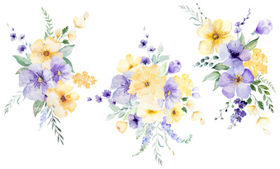 Fototapeta premium Watercolor bouquets with light purple and yellow flowers, isolated illustration for wedding stationery