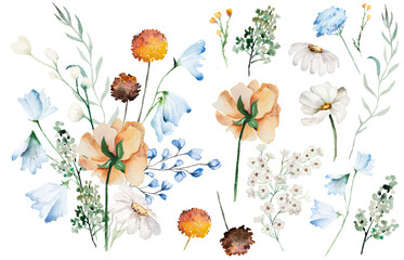 Naklejka premium Watercolor bouquet and elements clipart with blue, ivory and orange flowers for event stationery