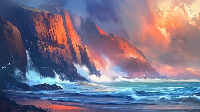 Ocean waves crash against rugged cliffs under a vibrant, colorful sunset sky with clouds
