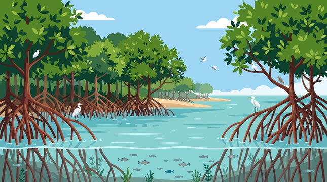 Mangrove Forest Ecosystem With Tangled Roots And Coastal Wildlife Flat Vector Illustration