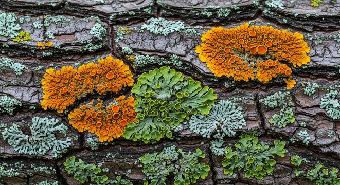 Vibrant lichen in striking orange and green hues flourish on textured tree bark.