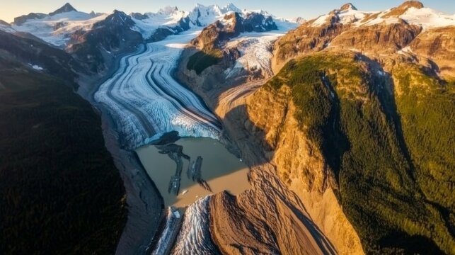 Panoramic aerial view of a vast glacial valley with snow-capped mountains and forested slopes under a clear sky