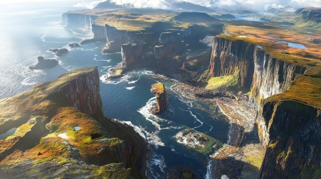 Panoramic aerial view of a rugged cliff coastline with a narrow fjord and a small boat navigating the choppy waters