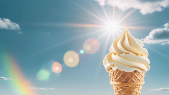 Soft Serve Vanilla Ice Cream Cone Against Bright Summer Blue Sky with Sun Flare, Seamless Loop Motion Background in Full HD