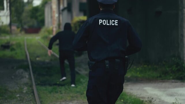 Police officer pursuing suspected criminal on foot through industrial site