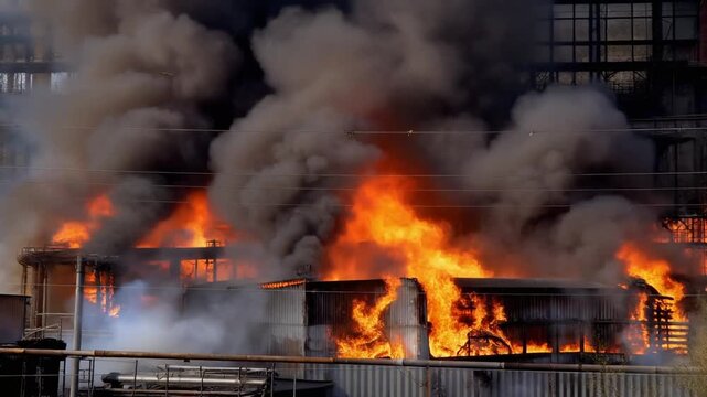 Intense Fire Burning in Dark Industrial Factory with Thick Black Smoke and Glowing Flames, Full HD Cinematic Background