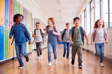 Obraz premium A group of joyful students with backpacks running and laughing together down a bright school corridor with colorful lockers.