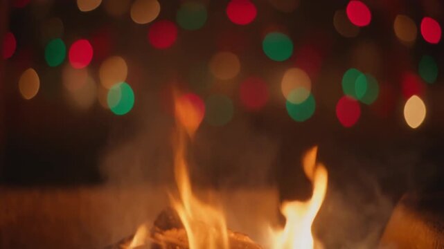 Gentle Heat Haze Rising from Campfire with Blurred Colorful Christmas Lights Bokeh, Cozy Winter Holiday Atmosphere