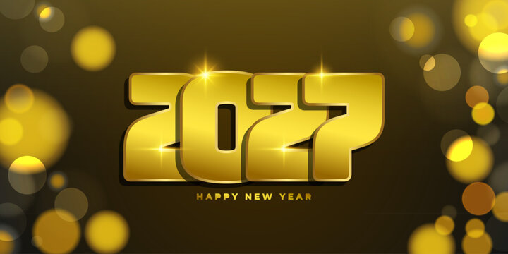 2027 Happy New Year holiday background. New Year 2027 numbers. Gold color. Bokeh light effect. Vector illustration.	
