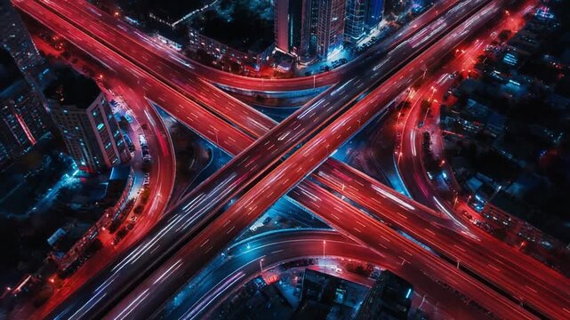 High Speed Aerial Drone View of Futuristic City Highway Junction with Glowing Light Trails, Dynamic Urban Motion 1080p