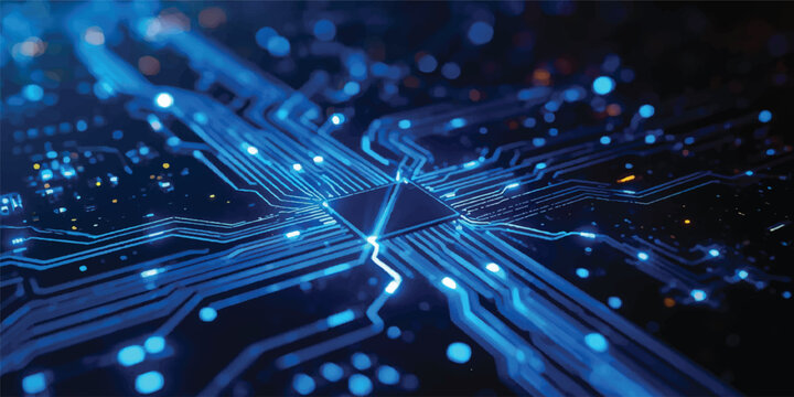Futuristic Blue Fiber Optic Circuit Board Technology Background with Glowing Digital Network Data Communication Lines and Electronic Hardware Connections
