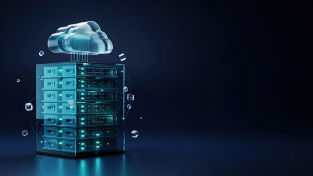 Glass cloud floating above a stacked server rack in dark blue space
