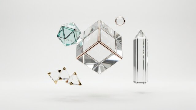 Floating geometric glass shapes with gold accents on white background