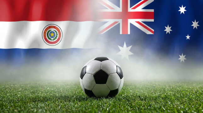 Paraguay and Australia National Flags with Football on Grass Representing International Soccer Match Tournament Competition Two Nations Sporting Pride