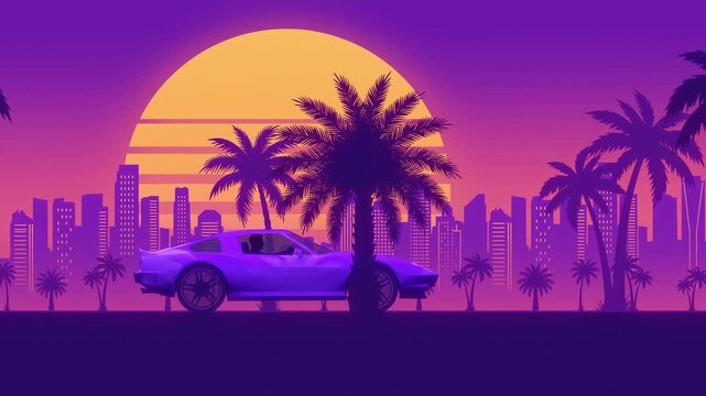 Retro Futuristic 1980s Tropical Sunset Skyline with Classic Sports Coupe. Looped wallpaper backdrop  