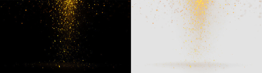 Gold dust falls down in a soft cascade on a transparent background creating a bright and sparkly effect © tanandaa