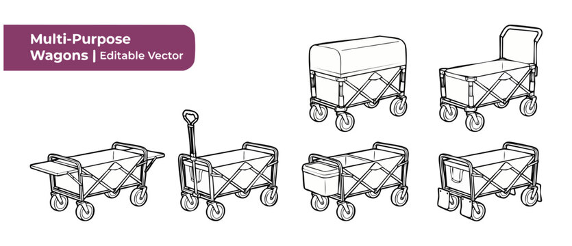 Folding utility wagon cart vector set featuring multiple configurations like canopy, cooler box, side table, mud flaps, and extendable handle for camping, gardening, and outdoor hauling concepts.