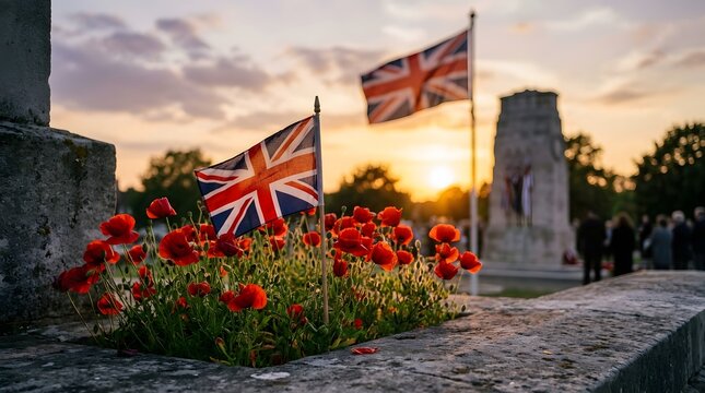 Remembrance day tribute poppies and union jack flags at sunset