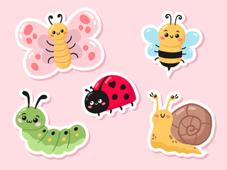 Naklejka premium Set of stickers with cute insects. Vector illustration.