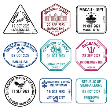 Passport stamp collection featuring Cyprus Mali Macau Gambia Guinea Barbados Guyana Vatican City Sierra Leone