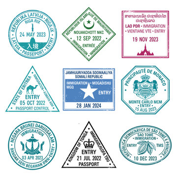 Passport stamp collection featuring Latvia Mauritania Laos Eritrea Somalia Monaco Brunei Tonga Sao Tome