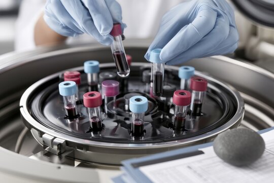 Technician Balancing Blood Sample Tubes in Open Centrifuge Rotor with Stone Paperweight