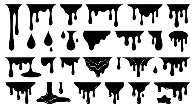 Collection of liquid chocolate and sauce drip icons in black and white silhouette style for food industry and creative design projects