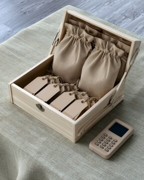 Folding crate with blank product pouches and tags beside portable card reader