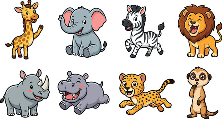 Fototapeta premium Cute Safari Animal Mascot Collection with Kawaii Wildlife Character Flat Vector Illustration Set