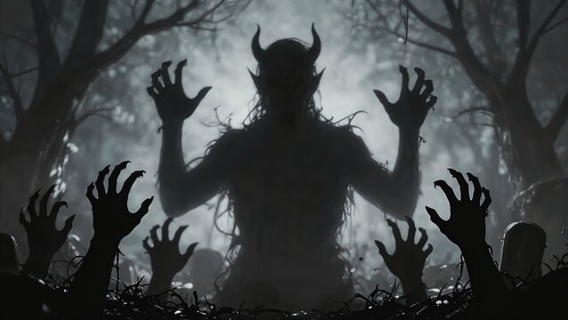 Spooky Silhouette of a Horned Monster and Creepy Hands Rising in a Foggy Graveyard at Night