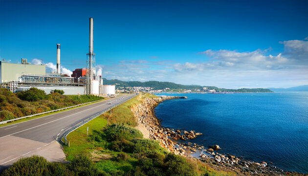 industrial complex and coastal road along ria de pontevedra spain