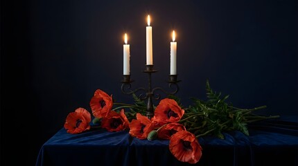 Remembrance day tribute with poppies and candles