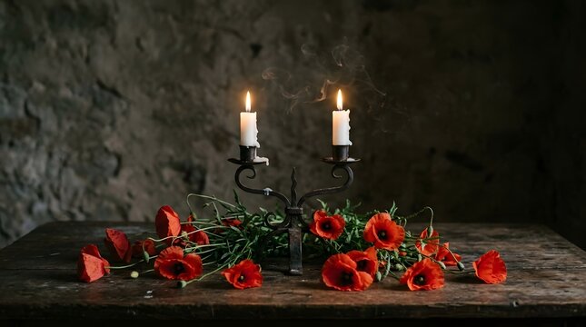 Remembrance day candles and poppies honoring veterans and fallen soldiers
