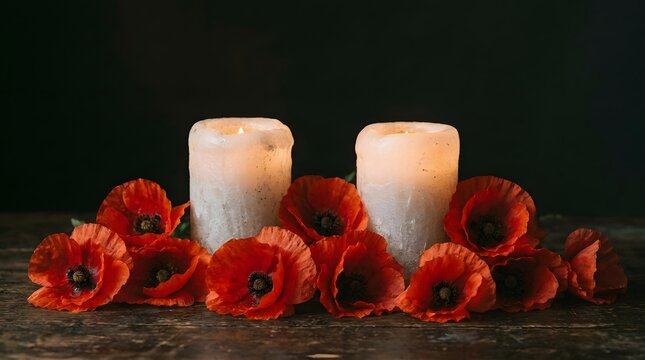 Remembrance day tribute lit candles and red poppies for veterans' day