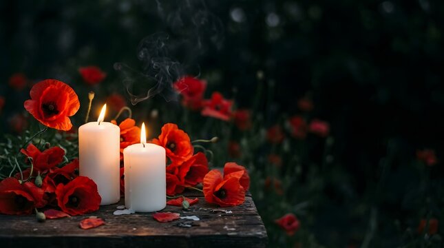 Remembrance day candles and poppies honoring veterans and fallen soldiers