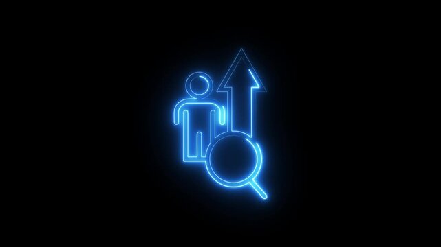 Neon glowing human growth icon with magnifying glass representing career progress.