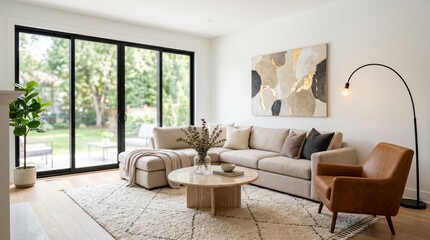 Fototapeta premium Bright Modern Living Room with Beige Sectional Sofa and Leather Accent Chair 