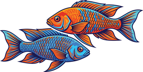 Fototapeta premium Pair of African Cichlid Fish with Vibrant Blue and Orange Scales Swimming Together Isolated Vector Illustration on White Background
