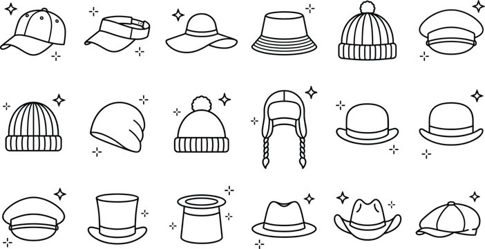 Hats headwear and fashion caps line icon set featuring beanie fedora top hat and cowboy symbols