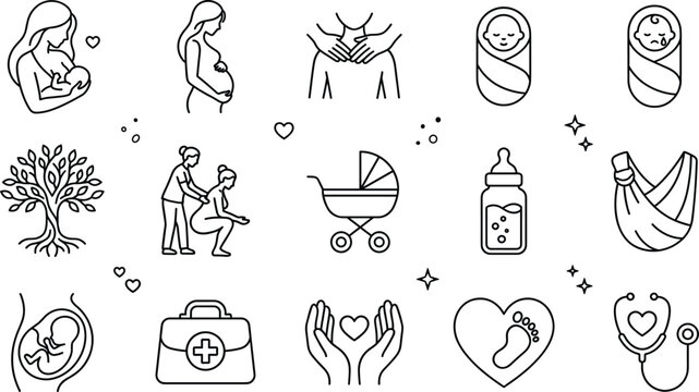 Pregnancy childbirth and newborn baby line icon set featuring breastfeeding doula support sling and maternity care symbols