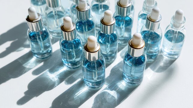 Multiple bottles for glaucoma therapy arranged on a white surface in natural light
