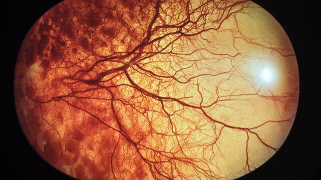 Clinical fundus view showing signs of hypertensive retinopathy with arteriolar changes