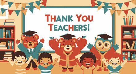 Fototapeta premium Teacher's Day Festive thank you teachers banner with cartoon animals and happy students in a school setting vector illustration