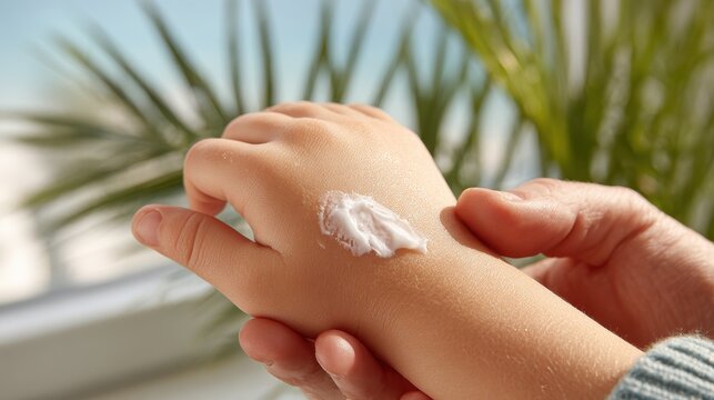 Caregiver applies emollient cream to child with ichthyosis in pediatric setting