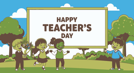 Fototapeta premium Teacher's Day Happy teacher day vector illustration with students standing in a park with a blank whiteboard for custom text